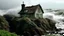 Placeholder: Home defying the fury of the sea: smoking chimney, ivy-covered roof and white windows amidst violent waves.