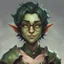 Placeholder: dnd, portrait of cute young orc-elf femboy, black hair, short hair, curled hair, hair covering one eye, emo hair, round glasses, tusks, sharp teeth, yellow eyes, flat chest, mage, magic, nose ring, twink, smile, sharp teeth, all green skin, round face, small nose, shy expression, green ears, green lips, green nose, petite