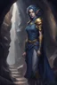 Placeholder: Dnd character in a dark cave. Leaning against a wall. A female Elf twilight cleric with super curly, super short, dark blue hair and golden eyes, wearing gray and dark blue robes. With tattoos. Etheral, very muscular, broad.