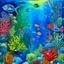 Placeholder: A blue underwater reef with rainbow iridescent coral designed in African masks painted by George Grosz