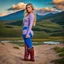 Placeholder: country side ,blue sky , mountains, pretty clouds ,small river with clear water and nice sands in floor,beautiful 18 year old girl with ash blonde hair and blue eyes with her curvy hair down, wearing a long-sleeved woollen top, and lilac long leggings, with long red boots full body standing pose shot