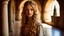 Placeholder: High resolution sharp focus Closeup of a beautiful slender 17 year old caucasian girl. Her long thick wavy hair is light brown. She is wearing a medieval dress. She is inside a castle hallway. She is staring at the viewer.