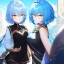 Placeholder: Clear focus, High resolution, short light blue fluffy hair, hair between eyes, yellow eyes, wearing black magma shorts, detailed outfit, blue and black outfit, gold accessory, female
