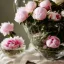 Placeholder: Cinematic shot of peonies inside a glass bowl, glass, crystal, linen, dewdrops, warm lighting, luxurious, terrarium