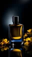 Placeholder: A very special design of a manly perfume bottle among yellow blossoms