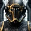 Placeholder: star wars bald male corellian pilot wearing pearlescent black and gunmetal grey First Order special forces heavy assault armor and helmet with gold trim inside the jedi temple, centered portrait, hyperdetailed, dynamic lighting, hyperdetailed background, 8k resolution, volumetric lighting, light skin, fully symmetric details