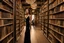 Placeholder: full-height shot of a woman in a tight black dress, inside a large magic book shop, shelving, lights, books, bottles, windows