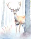 Placeholder: deer with antlers standing sideways, looking at viewer, realistic water color painted, among tall simplified tree trunks, foggy, pastels, colorful