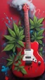 Placeholder: A red electric guitar with weed leaves in the background and smoke , graffiti art, splash art, street art, spray paint, oil gouache melting, acrylic, high contrast, colorful polychromatic, ultra detailed, ultra quality, CGSociety, plant based skink,
