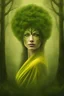 Placeholder: planet earth as a middle aged woman. front facing. the face has the texture of roots. leaves, cobwebs. very smooth colors, forest green and yellow. bordeaux. fog, mist