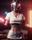 Placeholder: waitress woman with muppet head helmet mask, skin body and arms, concept art, retro style, smooth, unreal engine 5, god lights, ray tracing, RTX, lumen lighting, ultra detail, volumetric lighting, 3d.