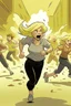 Placeholder: a fat terrified blonde woman running away from an angry mob