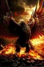 Placeholder: Create a ultra high definition and photorealistic image, 12k quality of a beautiful phoenix, majestic and strength showing, emphasis on texturized claws, upclose with a front view flying towards the camera, centre of an explosive and chaotic background scene of Armageddon where he is followed by demon like dark clouds in persuit trying to grab him, phoenix has striking eyes and determined look, majestic wings folded inwards in flight, bright auburn, black, white, grey and yellow colours, gothic