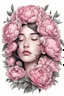 Placeholder: big beautiful bouquet of peonies all around her face, her eyes are closed and dreaming peacefully, only her face shows, her face fully covered by the bouquet of peonies, use black outline with a white background, clear outline, no shadows