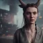 Placeholder: a moody medium-close-up shot of an attractive long-horned woman on a cyberpunk city sidewalk, high-resolution