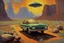 Placeholder: retrofuturism landscape with ufo in the sky, mountains, cars, rocks, henry luyten and ludwig dettman impressionism paintings