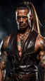 Placeholder: portrait of a 35 year old Handsome muscular male with dark bronze skin adorned with tattoos. His long light brown hair is tied back in a pony tail. He's wearing a leather vest and has a dagger which hangs from his belt. Dark fantasy. Hyperrealistic