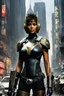 Placeholder: [2000 AD (1977)] The streets of Mega City One were alive with the constant hum of activity, but in the midst of the chaos, a figure stood tall and resolute. Halle Berry, part of the judges' team, commanded attention as she surveyed the sprawling metropolis. The helmet, a symbol of authority and unwavering justice, rested firmly on Berry's head, obscuring her features but amplifying the aura of power that surrounded her. The citizens of Mega City One couldn't help but be drawn to her presence, in