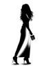 Placeholder: silhouette of a woman shopping, view from the back, she has a smile on her face, long hair, long shoes, white background, she is wearing a luxurious dress