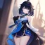 Placeholder: Clear focus,High resolution, Black short fluffy hair, and blue eyes, wearing a Genshin Impact inspired outfit, detailed clothes,must be wearing a short skirt, Potrait