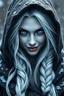 Placeholder: Female woman human, wild druid, white hair, gray skin, blue ice eyes, dungeons and dragons, shadow hooded mean evil mad braid, very evil smile