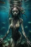 Placeholder: Underwater, closeup siren with big eyes, fullbody, ragged clothes, his skin translucent, black veins that extended like roots, 8k,macro photography,