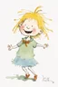 Placeholder: A whimsical colored illustration by Quentin Blake depicting a cute, funny happy 5 year old girl with yellow unkempt hair, wearing tufts of hair high on her head and wearing a bow.