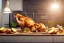 Placeholder: Great Danes stealing food off of a work surface in a kitchen, roast chicken, potatoes, 8k resolution concept art hyperdetailed dynamic lighting DSLR maximalist matte background