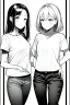 Placeholder: two girls dressed in jeans and a T-shirt walk in the city, line arts, greyscale