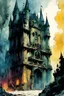 Placeholder: Cragmaw Castle, create in inkwash and watercolor, carnival in the comic book art style of Mike Mignola, Bill Sienkiewicz and Jean Giraud Moebius, highly detailed, grainy, gritty textures, , dramatic natural lighting