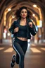 Placeholder: a modern city jewell lights , a beautiful fashion model lady with cute,curvy hair,makeup, in pretty sports suit is running in street ,dynamic camera fallow her inside cave capturing full body, dynamic lights.