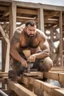 Placeholder: half figure shot photography of an ugly 40 year old stocky big chubby robust burly arab carpenter working on the roof, dirty, wet, tattoo,wearing bulging overalls, shirtless, hairy chest, serious, very virile, long beard, curly hair,, , in a sunny construction work area, photorealistic , photorealistic