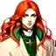 Placeholder: dnd, watercolour, illustration, portrait, rogue, long red hair, green eyes, radiant, priest