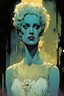 Placeholder: create a hardened, undead teenage Prom Queen, finely defined and sharply lined facial features in the comic book art style of Mike Mignola, Bill Sienkiewicz and Jean Giraud Moebius, , highly detailed, grainy, gritty textures, , dramatic natural lighting