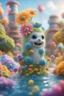 Placeholder: plexi glass tower, portrait cute fluffy toy wolly squittel mind flawyer in a water slide holding weird flowers in his trunk in the style of pixar, on a strange planet with weird colors and wind turbines, bokeh like f/0.8, tilt-shift lens 8k, high detail, smooth render, down-light, unreal engine, prize winning