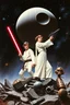 Placeholder: stars nebula and the Death Star large at top, in front in poses from the original star wars posters is Luke Skywalker with lightsaber and Princess Leia Organa with upward pointing raygun both in white clothing atop crumbling stone and broken parts of c-3po astromech and other droids