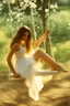 Placeholder: A blonde woman in a short yellow dress playing on a swing, many daisies in the background of the image, fit body
