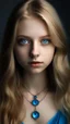 Placeholder: bleu dress , Age 24, girl, white Complexion, brown eyes, almond eyes shape, long hair, blonde silky hair, square face, button nose,bleu evil eye necklace