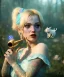 Placeholder: Ultra realistic wonderland photo, happy blonde woman smoking a pipe, blue dress, white rabbit pet, circus dress style, old school tattoo, smoke, marijuana garden, glow eyes, perfect iris, soft color, highly detailed, unreal engine 5, ray tracing, RTX, lumen lighting, ultra detail, volumetric lighting, high definition.