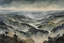 Placeholder: Aerial view painting of an expansive mist laden, rock strewn river forest landscape, pierced by shafts of pale moonlight , in the Expressionist style of Egon Schiele, Oskar Kokoschka, and Franz Marc, in muted natural colors,