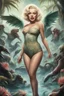 Placeholder: And there it is, a fantastical realm where Marilyn Monroe takes center stage. She stands with grace, her iconic beauty accentuated by the allure of her bikini. But what surrounds her? Monsters. This is a fantasy world, after all. Yet, not just any monsters. Squarks. Creatures unheard of, a fusion of avian and reptilian features. Their scales shimmer in a mesmerizing display of colors, reflecting the ethereal light of this mystical realm. Marilyn Monroe, a captivating enchantress, remains compose