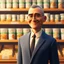 Placeholder: Disney pixar 3D style tan skin middle aged man with crew cut hair wearing thin round glasses and suit in food background smiling. close up