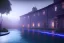 Placeholder:  courtyard ,pool , night time , unity, scriptable render pipeline , lighting , volumetric , global illumination, fog ,blue emission , purple tone.