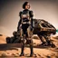 Placeholder: beautiful caucasian female soldier cyborg, black metal body and limbs, visible cybernetic limbs, scratched sand camo metal details, short brunette wavy bob haircut, dystopian, desert scene