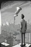 Placeholder: hand-drawn smoking man on a rooftop overlooking a detailed city with streets, building and skyscrapers in the style of stick-figure