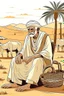 Placeholder: Old man, Arab, turban, white clothes, cattle, desert, council, sun, palm trees, mud houses, holding a stick, looking forward, a very slight smile.cartoon,Sitting on a chair,long beard