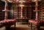 Placeholder: A library covered in pink mushrooms designed in medieval tapestry