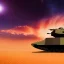 Placeholder: volumetric dramatic Wide desert view with futuristic hovering military armored Hovercraft tank painted by chris foss, floating, hover, 4k, 8k, [hovercraft] Minutiae, highly detailed, render, rivets, hovering, stripes, sunset duststorm, nimbus clouds