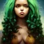 Placeholder: alien girl, cute, beautiful, long hair, curly hair, black hair, slim body, brown eyes, big eyes, light green skin, turquoise dress, black tee shirt, green shorts, head and shoulders portrait, 8k resolution concept art portrait by Greg Rutkowski, Artgerm, WLOP, Alphonse Mucha dynamic lighting hyperdetailed intricately detailed