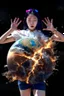 Placeholder: An image of a young Korean woman with a eyes closed expression happy, holding her hands up as if she is reacting to a catastrophic event in front of her. Film, cinematic, realistic, extreme depth of field, She is wearing a white blouse with detail, blue shorts, and sunglasses pushed up onto her head. In front of her, there is a highly detailed planet resembling Earth, dramatically cracking and breaking apart with fiery explosions and molten lava visible at the fractures.